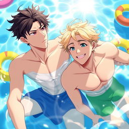 Two handsome anime guys swimming in a bright, sunny pool