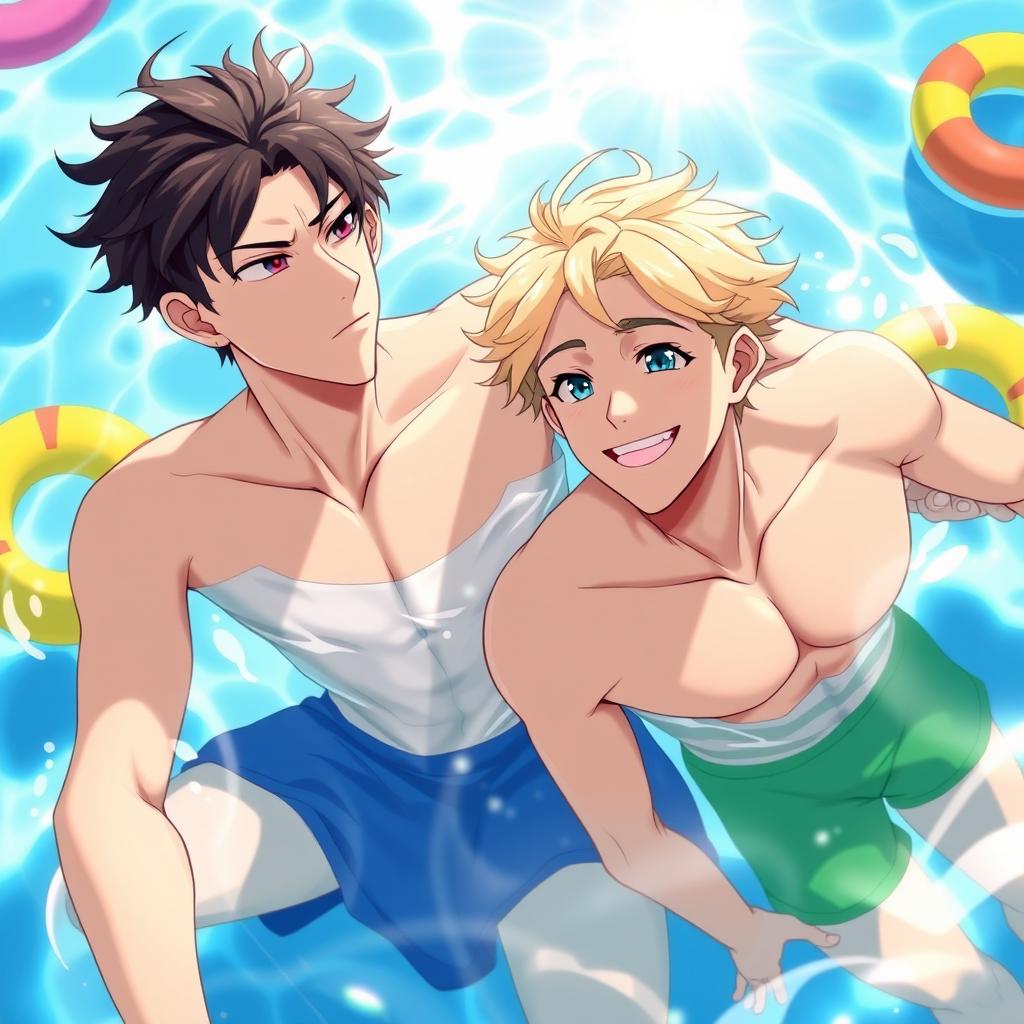Two handsome anime guys swimming in a bright, sunny pool
