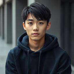 A pale Asian boy around 21 years old with sleek, dark black hair and captivating grey eyes