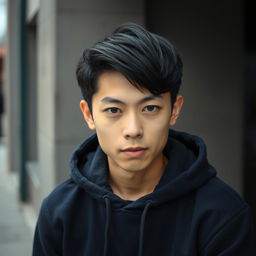 A pale Asian boy around 21 years old with sleek, dark black hair and captivating grey eyes