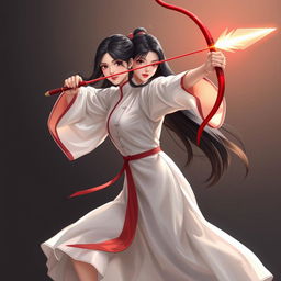 A dynamic full-body illustration of a young woman struck in a fighting pose, wielding a red bow and an arrow made of light