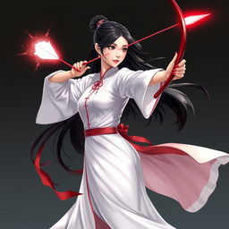 A dynamic full-body illustration of a young woman struck in a fighting pose, wielding a red bow and an arrow made of light