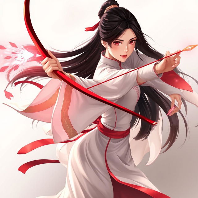 A dynamic full-body illustration of a young woman struck in a fighting pose, wielding a red bow and an arrow made of light