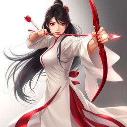 A dynamic full-body illustration of a young woman struck in a fighting pose, wielding a red bow and an arrow made of light