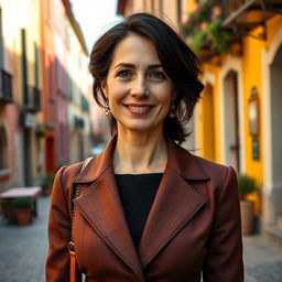 A portrait of a 38-year-old woman with dark hair and distinct Italian features, fully dressed in a fashionable and elegant ensemble