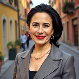 A portrait of a 38-year-old woman with dark hair and distinct Italian features, fully dressed in a fashionable and elegant ensemble