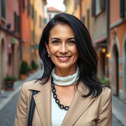 A portrait of a 38-year-old woman with dark hair and distinct Italian features, fully dressed in a fashionable and elegant ensemble