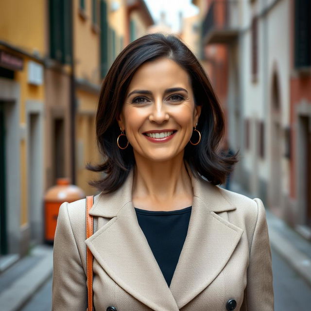A portrait of a 38-year-old woman with dark hair and distinct Italian features, fully dressed in a fashionable and elegant ensemble