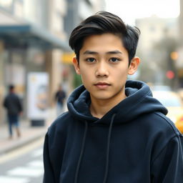 A pale Asian boy around 21 years old with dark black hair and striking grey eyes, dressed in a comfortable dark blue hoodie