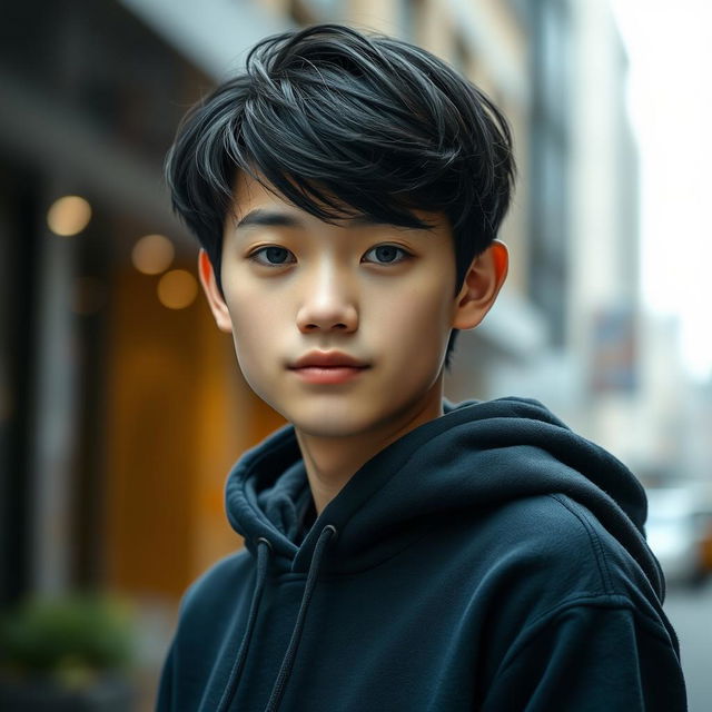 A pale Asian boy around 21 years old with dark black hair and striking grey eyes, dressed in a comfortable dark blue hoodie