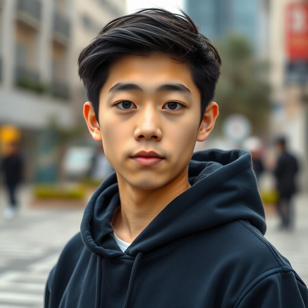 A pale Asian boy around 21 years old with dark black hair and striking grey eyes, dressed in a comfortable dark blue hoodie