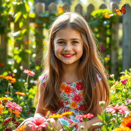 A whimsical portrait of a 10-year-old girl with long, flowing brown hair, wearing a colorful summer dress adorned with flowers