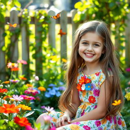 A whimsical portrait of a 10-year-old girl with long, flowing brown hair, wearing a colorful summer dress adorned with flowers