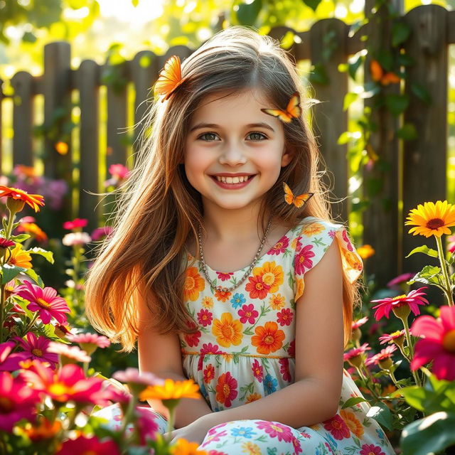 A whimsical portrait of a 10-year-old girl with long, flowing brown hair, wearing a colorful summer dress adorned with flowers