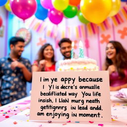 A vibrant and colorful birthday celebration scene with balloons and a large birthday cake on a table