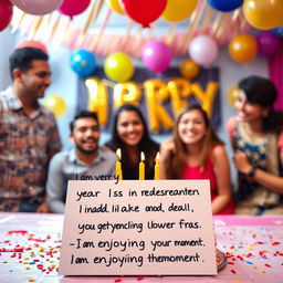 A vibrant and colorful birthday celebration scene with balloons and a large birthday cake on a table