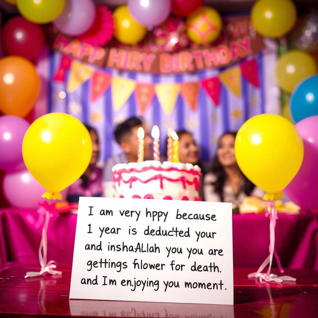 A vibrant and colorful birthday celebration scene with balloons and a large birthday cake on a table