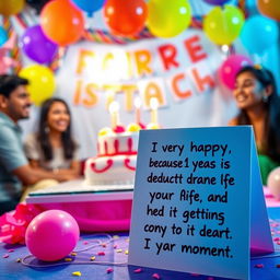 A vibrant and colorful birthday celebration scene with balloons and a large birthday cake on a table