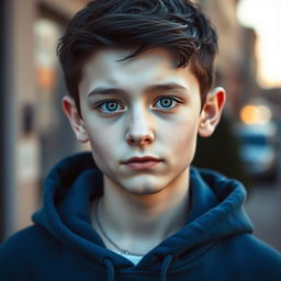 An extremely pale boy around 19 years old with dark black hair and captivating bluish-grey eyes, wearing a cozy blue hoodie