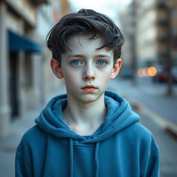 An extremely pale boy around 19 years old with dark black hair and captivating bluish-grey eyes, wearing a cozy blue hoodie