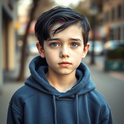 An extremely pale boy around 19 years old with dark black hair and captivating bluish-grey eyes, wearing a cozy blue hoodie