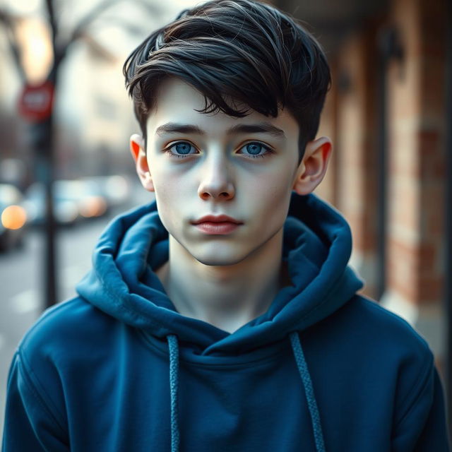 An extremely pale boy around 19 years old with dark black hair and captivating bluish-grey eyes, wearing a cozy blue hoodie