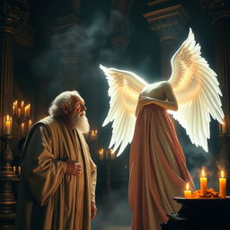 A dramatic scene depicting the moment the angel Gabriel appears to Zechariah while he is burning incense in the Temple of God