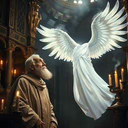 A dramatic scene depicting the moment the angel Gabriel appears to Zechariah while he is burning incense in the Temple of God