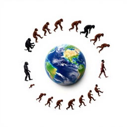 A circular and orderly representation of the evolutionary progression from ape to human, visually depicted around a planet Earth, which is prominently showcased against a clean white background