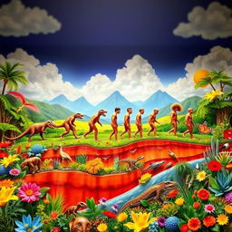 A visually captivating representation of the theory of evolution, showcasing a timeline that transitions from simple single-celled organisms to complex human figures
