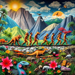 A visually captivating representation of the theory of evolution, showcasing a timeline that transitions from simple single-celled organisms to complex human figures
