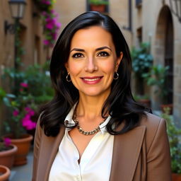 A portrait of a 38-year-old woman with dark hair and Italian features, fully dressed in a stylish and sophisticated outfit
