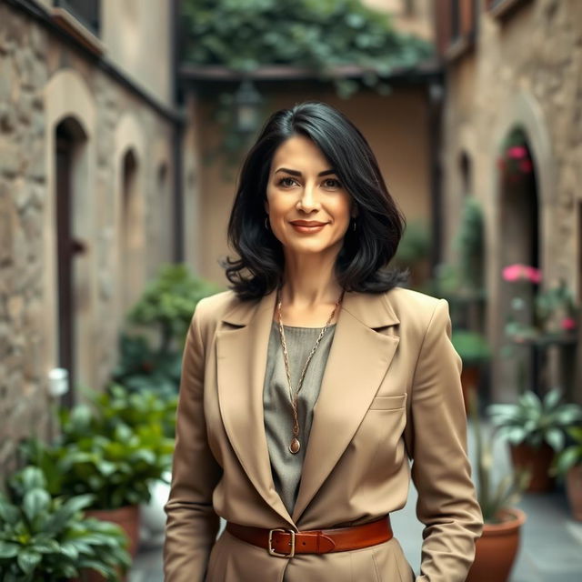 A portrait of a 38-year-old woman with dark hair and Italian features, fully dressed in a stylish and sophisticated outfit