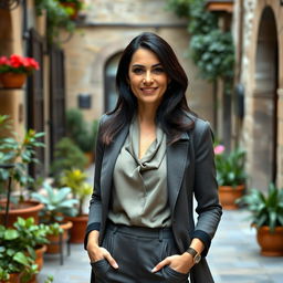 A portrait of a 38-year-old woman with dark hair and Italian features, fully dressed in a stylish and sophisticated outfit