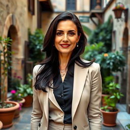 A portrait of a 38-year-old woman with dark hair and Italian features, fully dressed in a stylish and sophisticated outfit