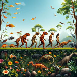 A visually engaging representation of the theory of evolution, showcasing a timeline of evolutionary changes from ancient organisms to modern humans