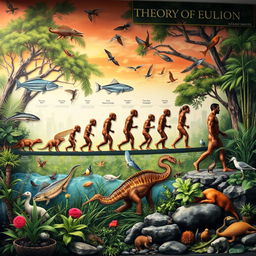 A visually engaging representation of the theory of evolution, showcasing a timeline of evolutionary changes from ancient organisms to modern humans