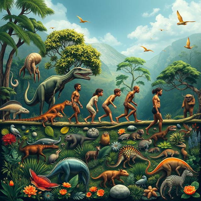 A visually engaging representation of the theory of evolution, showcasing a timeline of evolutionary changes from ancient organisms to modern humans