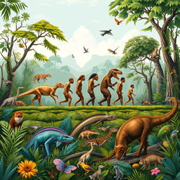 A visually engaging representation of the theory of evolution, showcasing a timeline of evolutionary changes from ancient organisms to modern humans