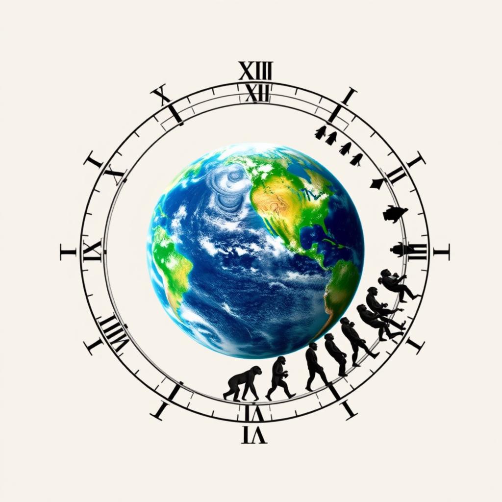 A two-dimensional image of the Earth at the center, surrounded by a circular clock-like design featuring Roman numerals around the edge