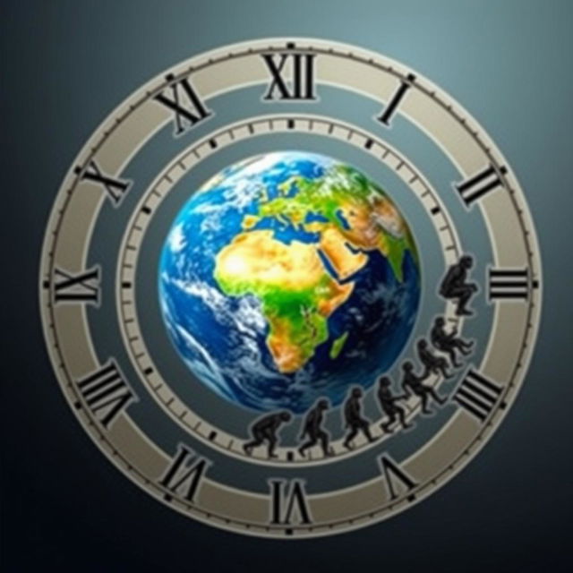 A two-dimensional image of the Earth at the center, surrounded by a circular clock-like design featuring Roman numerals around the edge