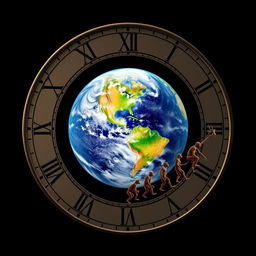 A two-dimensional image of the Earth at the center, surrounded by a circular clock-like design featuring Roman numerals around the edge