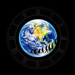 A two-dimensional image of the Earth at the center, surrounded by a circular clock-like design featuring Roman numerals around the edge