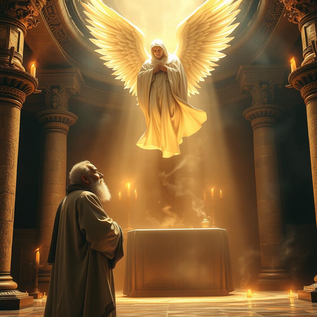 A dramatic scene depicting the moment when the angel Gabriel appears before Zechariah in the Temple of God