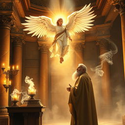A dramatic scene depicting the moment when the angel Gabriel appears before Zechariah in the Temple of God