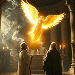 A dramatic scene depicting the moment when the angel Gabriel appears before Zechariah in the Temple of God