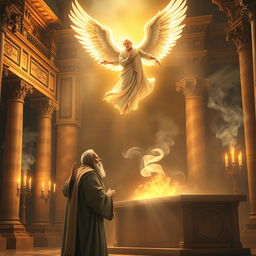 A dramatic scene depicting the moment when the angel Gabriel appears before Zechariah in the Temple of God