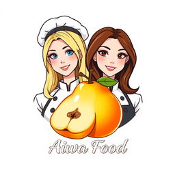 A logo design featuring two female chefs, one with blonde hair and blue eyes, the other with brunette hair and brown eyes