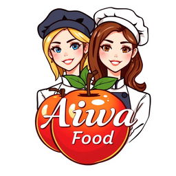A logo design featuring two female chefs, one with blonde hair and blue eyes, the other with brunette hair and brown eyes
