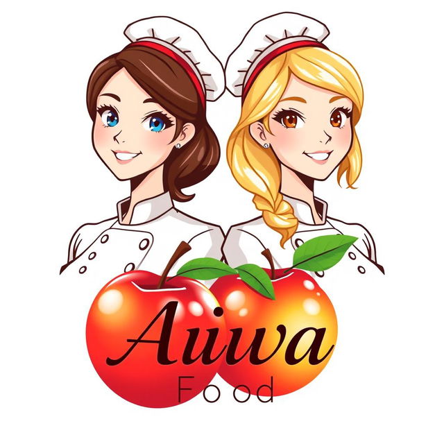 A logo design featuring two female chefs, one with blonde hair and blue eyes, the other with brunette hair and brown eyes